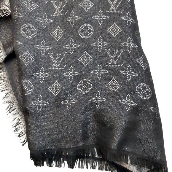LOUIS VUITTON LV Vintage Black & Silver Cashmere Monogram Scarf Shawl Wrap - Picture 5 of 16